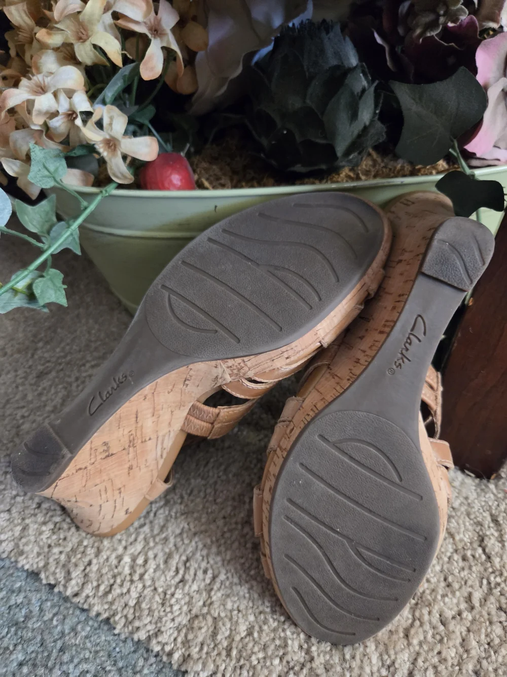Clarks Women’s Tan Suede Cutout Wedge Sandals